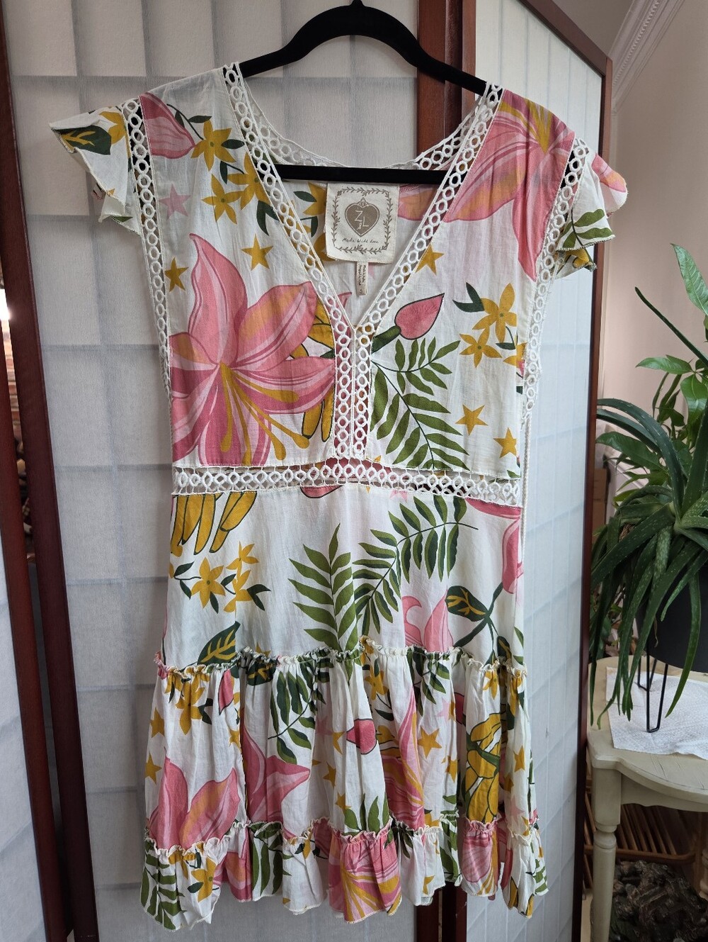 Tropical Floral Flutter Sleeve Tiered Mini Dress Crochet Trim Resortwear Boho